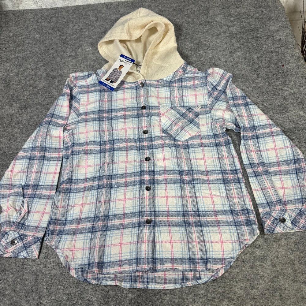 Roxy Girl Hooded Flannel Shirt Plaid Blue Pink White Size L 14/16 NWT